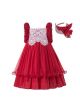 (ONLY 4Y) Sweet Girls Summer Plain Dyed Red Lace Princess Dress + Hand Headband