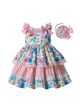 Girls Sweet Princess Flower Printed Lace Layer Dress With Bow + Hand Headband