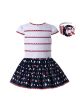(Only 2Y 3Y 4Y) Girls Dress White Top with Red Stripe Black Floral Print Skirt + Headband