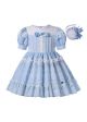 Princess Light Blue Lace England Style Folds Girls Dress with Bow + Headband