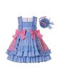 Summer Boutique Square Collar Blue Plaid Princess Girls Ruffle Dress With Bows + Hand Headband