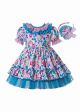 Girls White Dresses with Pink and Blue Floral Print and lace trim + Headband