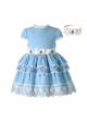 Girls Sweet Blue Dresses with White Flowers and Lace trim + Headband