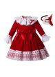 Girls Autumn Red Ruffles Lace Fluffy 3/4 Sleeves Dress With Ribbon Bows + Hand Headband