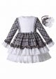 Autumn Gorgeous White & Grey Plaid Layered Ruffles Girls Boutique Princess Dress + Handmade Headband