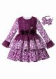 Purple Girls Autumn Flower Print Cotton Boutique Layered Dress + Hand Headband