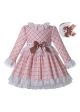 Macaron Pink Check Sweet Layered Girls Lace Dress + Handmade Headband