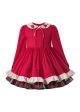 Winter Vintage Girls Turn-down Collar Floral Red Dress With Bow