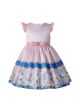 Summer Round Neck Printed Blue Stripes Girls Knee-Length Pink Dress