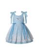 Cute Blue Lattice Lace Bows Sling Summer Girls Ruffle Dress