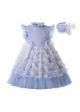 Embroidery Lace Chiffon Bows Feather Ornament Girls Blue Dress + Handmade Headband