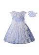 (Only 4Y 5Y) Princess Embroidery Tulle Bows Feather Sleeveless Blue Dress + Handmade Headwear
