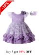 Purple Noble Ruffle Printed Flower Feather Ornament Princess Dress + Handmade Headband