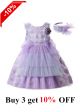 Summer Purple Lace Flower Feather Ornament Girls Dress + Handmade Headband