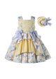(USA ONLY)Floral Pattern Lace Blue Bows Girls Yellow Dress + Headband