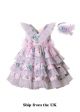 (UK ONLY)Summer Girls Light Pink V-neck Dress with Blue Flower Patterns Lace Bows + Handmade Headband