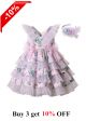 Summer Girls Light Pink V-neck Dress with Blue Flower Patterns Lace Bows + Handmade Headband
