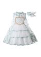 Princess White Lace Yarn Flower Heart Embroidery Bow Dress with Matching Headband 