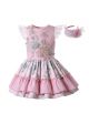 Girls Sundress Crewneck Sleeveless Floral Patterns Pink Dress + Handmade Headband