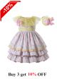 Pink Print Double-layered Bows Girls Yellow Dress + Headband