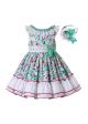 Flower Ruffle Green Girl Dress + Handmade Headband