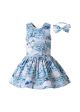 Blue Peacock Summer Girls Dress + Handmade Headband
