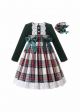 Christmas Deep Green Long Sleeve Plaid Dress + Handmade Headband