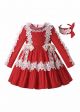 Autumn & Winter White Lace Bow Red Ruffle Dress + Handmade Headband