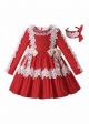 (ONLY 4Y)Autumn & Winter White Lace Bow Red Ruffle Dress + Handmade Headband