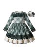 Kids Girls Green Plaid Ruffle Lace Dress + Handmade Headband