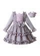 (USA ONLY)Gray Long Sleeve Knee-length Ruffle Girls Dress + Handmade Headband