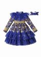 Blue Long Sleeve Girls Lace Floral Dress + Handmade Headband
