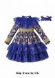 (UK Only) Blue Long Sleeve AW Girls Lace Floral Dress + Handmade Headband