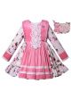 Girls Pink & White Printed Lace Dress + Headwear