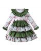 Blue and Green Layered Cake Dress with Printed Flower