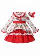 Red & White Printed Girls Dress with Christmas Vibes + Handmade Headband