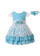 Summer Girls Sky Blue Princess Dress With Layered Lace + Handmade Headband