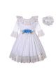Girls White Half Sleeves Lace Tulle Dress with Blue Flower Sash