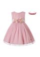 Summer Girls Pink Mesh Dress with Lace Tulle Flower Waist Trim + Handmade Headband