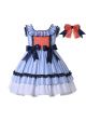 Girls Sleeveless Blue and White Striped Ruffle Lace Dress with Bows