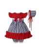 Black White Vertical Stripes Red Baby Ruffle Dress + Shorts + Hat