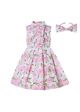 Turndown Collar Sleeveless Pink Rose Printed Girls Dress + Handmade Headband