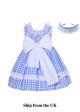 (UK ONLY)Girls Summer Blue Plaid Dress + Handmade Headband