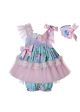 Pink & Blue Chiffon Ruffle Girls Dress + Handmade Headband + Shorts