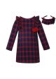 Girls Red and Blue plaid Dress Holiday + Headband