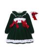 Girls Green Velvet smocked dress with bows + Headband