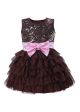 Coffee Sequin Girl Party Dress With Pink Bow