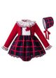 （Only 18-24M）New Red Plaid Bow Clothing Set With Bloomers + Bonnet