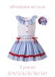 (7 pieces) Girls Blue Red White Ruffled Striped Hem Dress + Handmade Headband