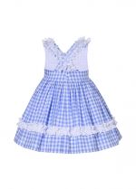 Girls Summer Blue Plaid Dress + Handmade Headband